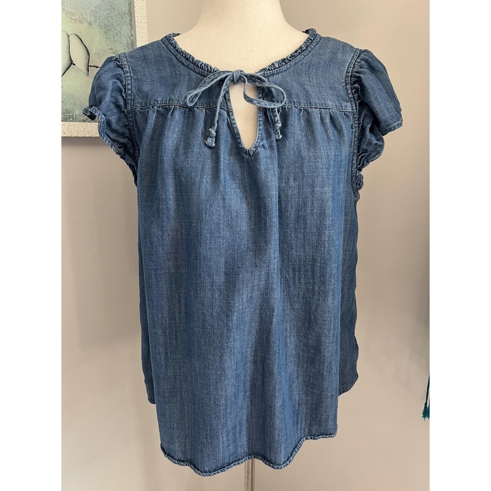 LC Lauren Conrad Top Womens Large Blue Chambray Flutter Sleeve Ruffle Boho - Picture 1 of 8